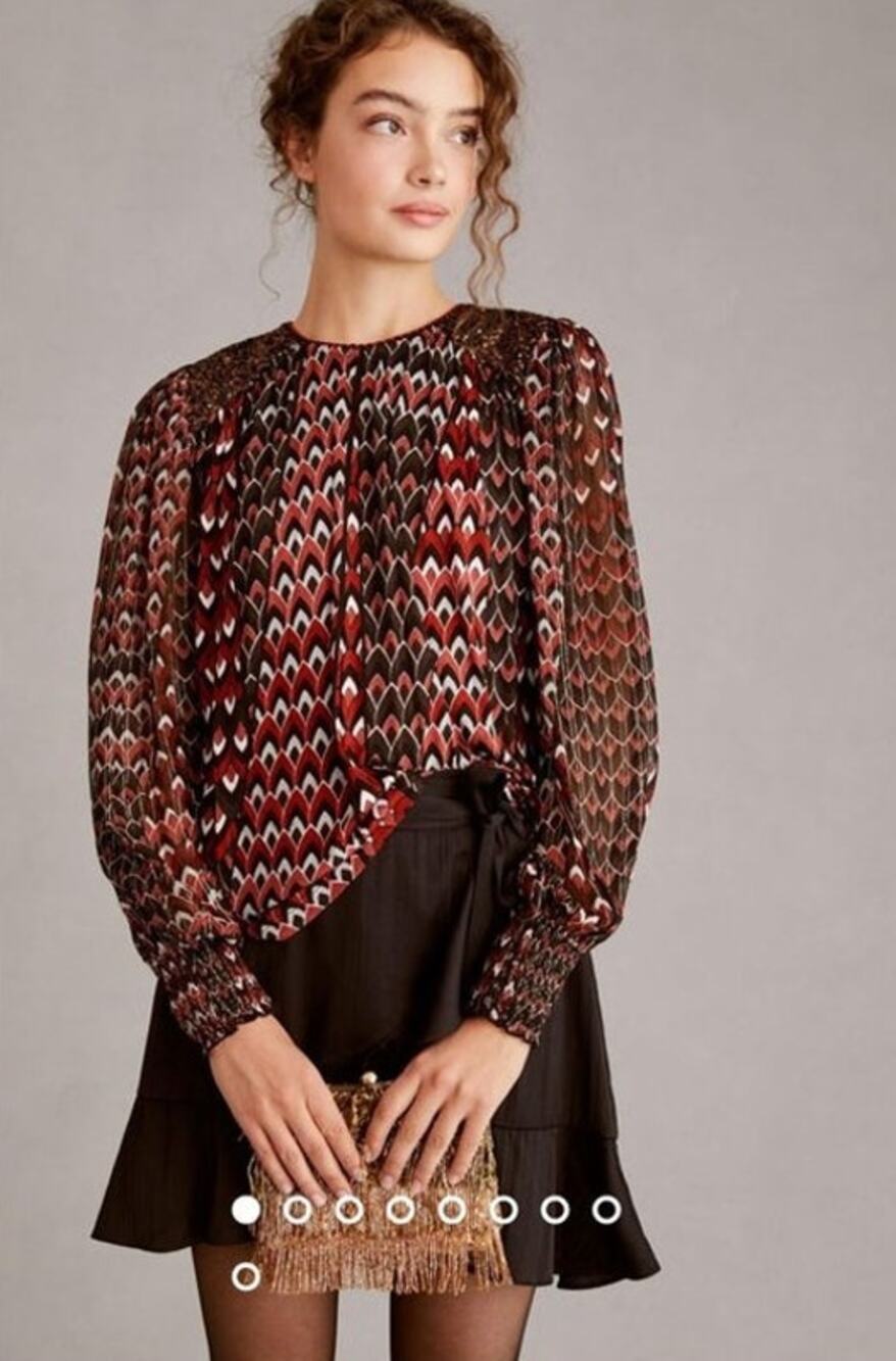 Anthropologie Blnk Sequin Embellished Geometric Print Flowing Long Sleeve Blouse
